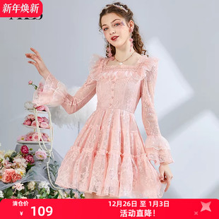 公主裙 超仙白色方领蕾丝连衣裙女粉色刺绣短款 艾丽丝2025秋季 新款