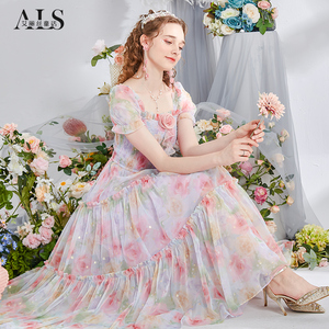 艾丽丝2026夏季新款超仙别致公主裙网纱印花修身显瘦中长款连衣裙
