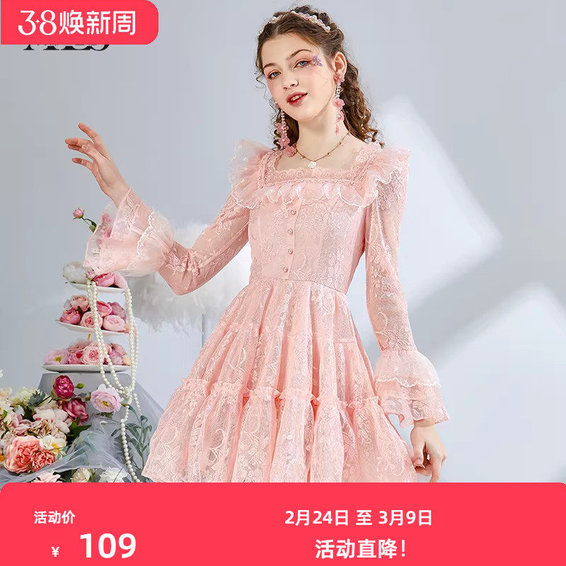 艾丽丝2026春季新款超仙白色方领蕾丝连衣裙女粉色刺绣短款公主裙