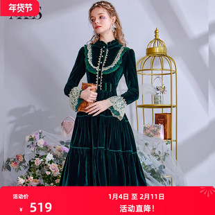 艾丽丝2025秋季新款优雅英伦风中长款连衣裙女泡泡袖绿色丝绒长裙