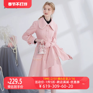 艾丽丝2023冬季新款女中长款高端毛呢外套甜美淑女单排扣束腰大衣
