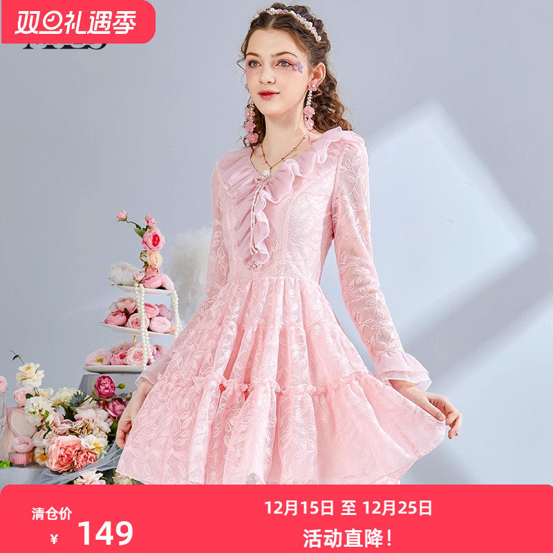 艾丽丝2025秋季新款粉色蝴蝶结V领短款连衣裙优雅白色蕾丝仙女裙