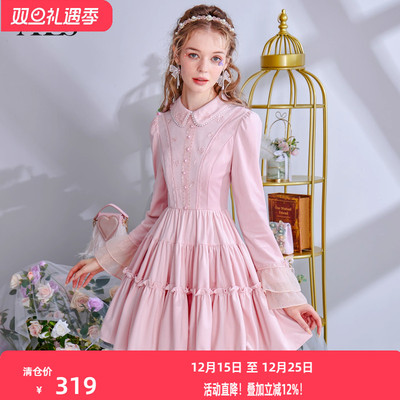 艾丽丝2025秋冬新款甜美粉色短款丝绒连衣裙女娃娃领喇叭袖蛋糕裙