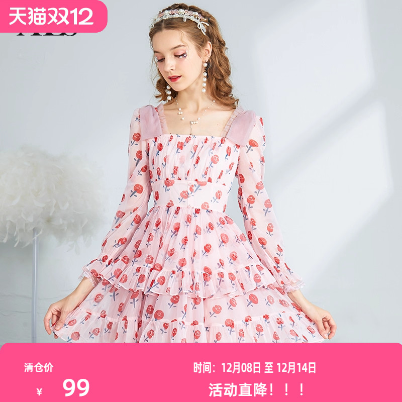 艾丽丝2025秋季新款甜美粉色公主裙印花方领收腰修身短款连衣裙女