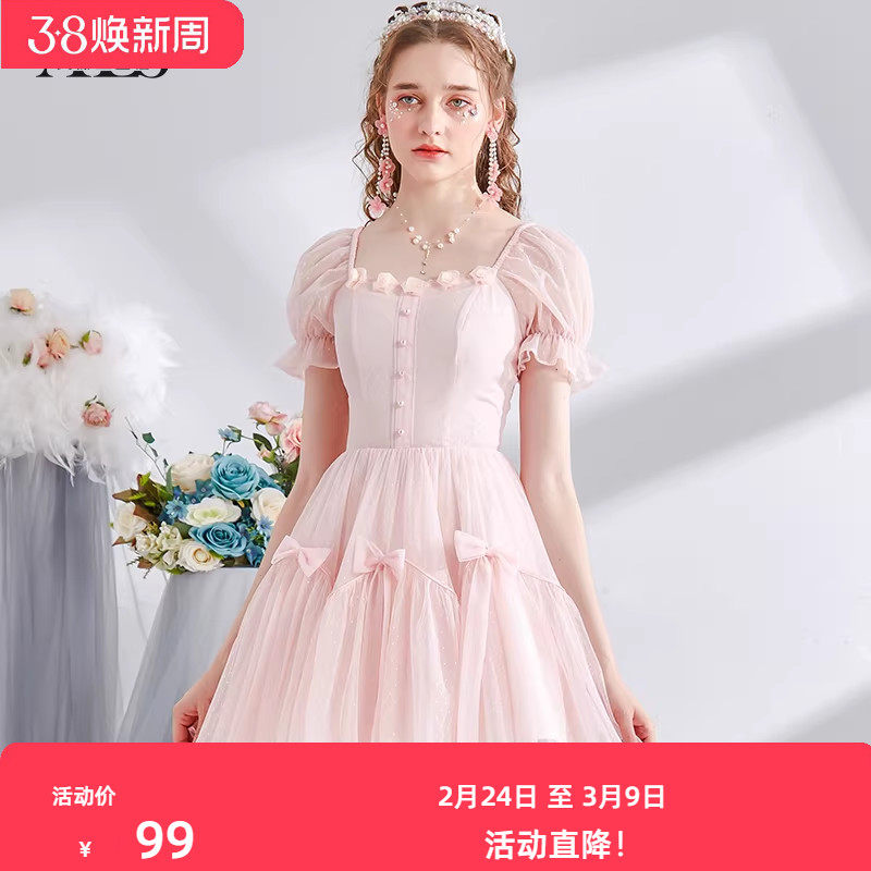 艾丽丝2025夏季新款原创女装短袖方领蝴蝶结甜美公主风短款连衣裙