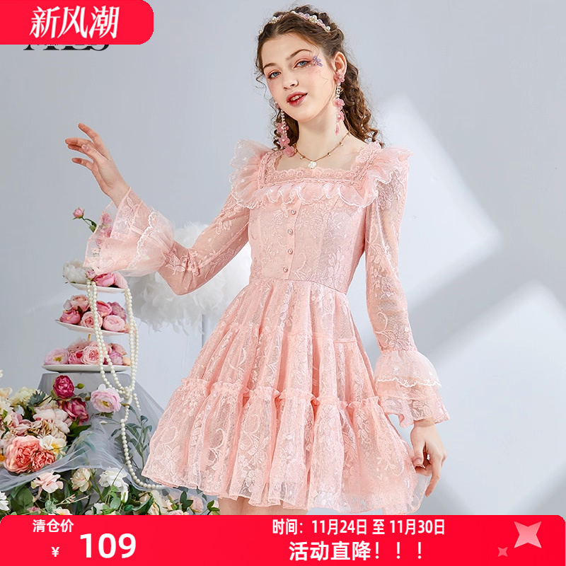 艾丽丝2025秋季新款超仙白色方领蕾丝连衣裙女粉色刺绣短款公主裙