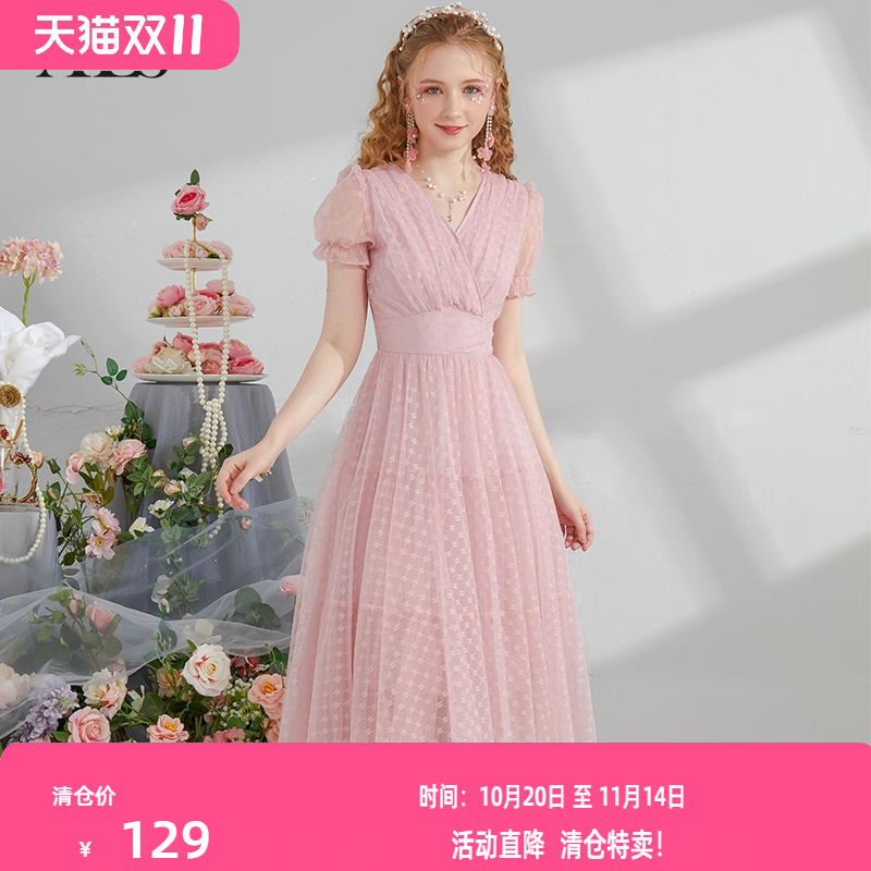 艾丽丝2025夏季新款甜美气质公主风连衣裙短袖修身显瘦中长款裙子
