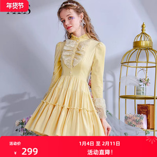 艾丽丝2025秋季新款灯芯绒黄色甜美公主风蛋糕裙泡泡袖短款连衣裙