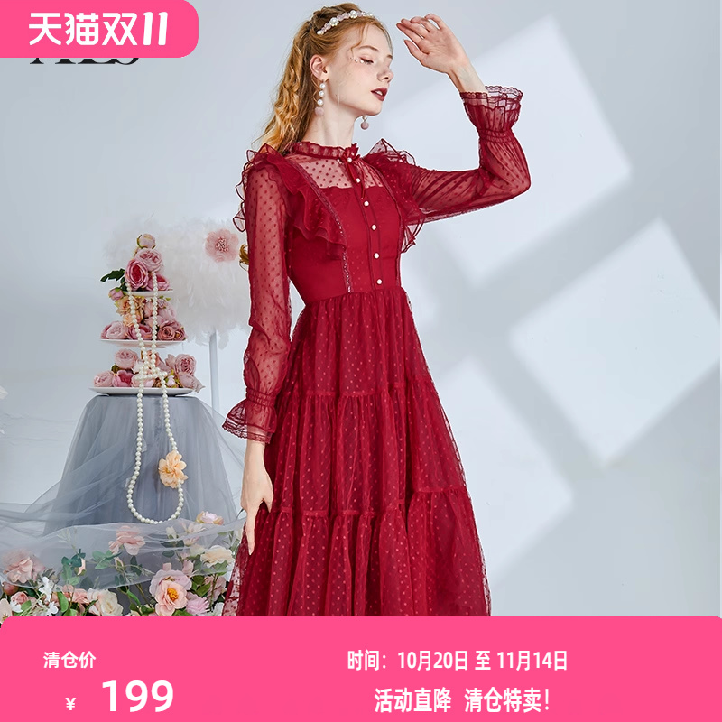 艾丽丝2025秋季新款波点荷叶边蕾丝连衣裙气质修身显瘦中长款裙子