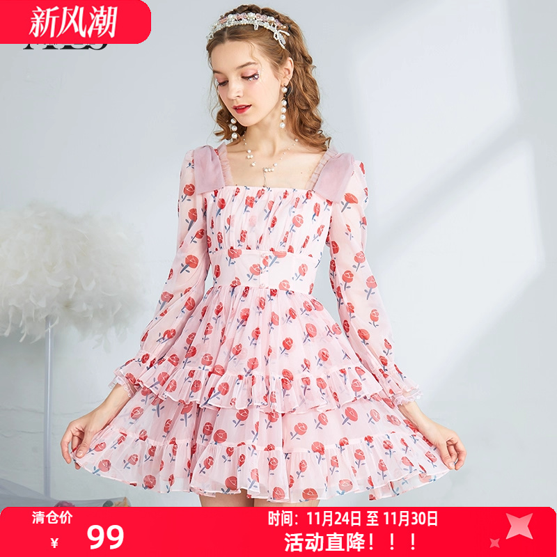 艾丽丝2025秋季新款甜美粉色公主裙印花方领收腰修身短款连衣裙女