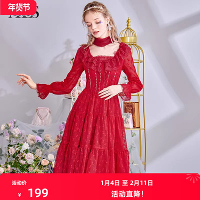 红色重工蕾丝法式连衣裙