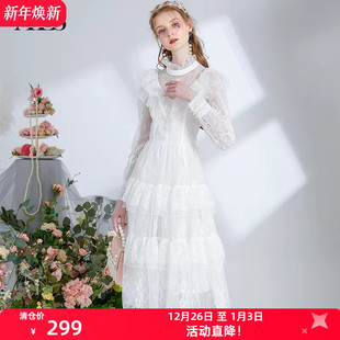 公主裙 仙气白色透视连衣裙蕾丝优雅立领中长款 艾丽丝2025冬季 新款