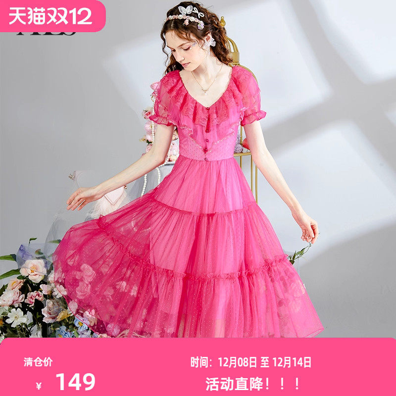 艾丽丝2025夏季新款优雅波点蕾丝公主裙甜美红色中长款蛋糕连衣裙