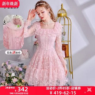 连衣裙女刺绣短款 艾丽丝2025秋季 长袖 超仙粉色蕾丝短款 公主裙 新款