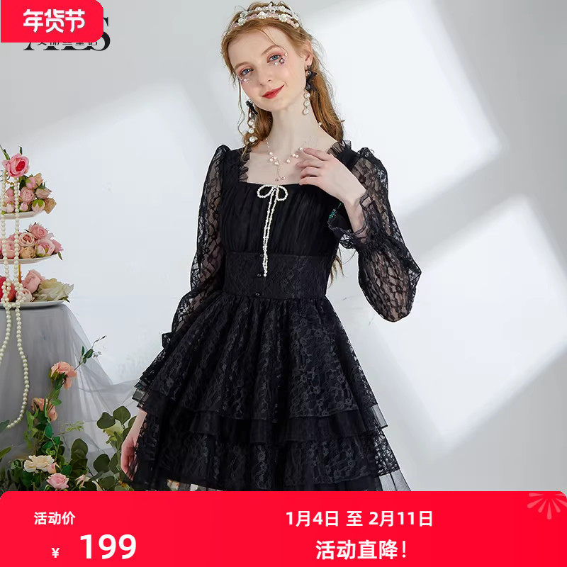 艾丽丝2025秋季新款甜美公主风蛋糕裙长袖方领短款连衣裙黑色白色