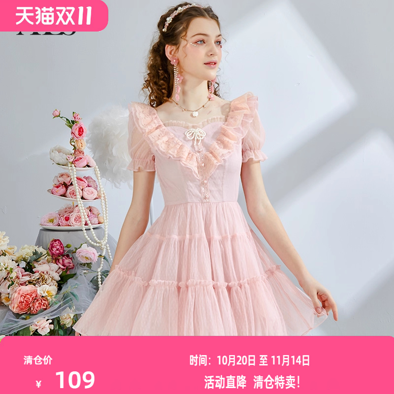 艾丽丝2025夏季新款甜美刺绣粉色短袖公主裙黑色蕾丝短款连衣裙女