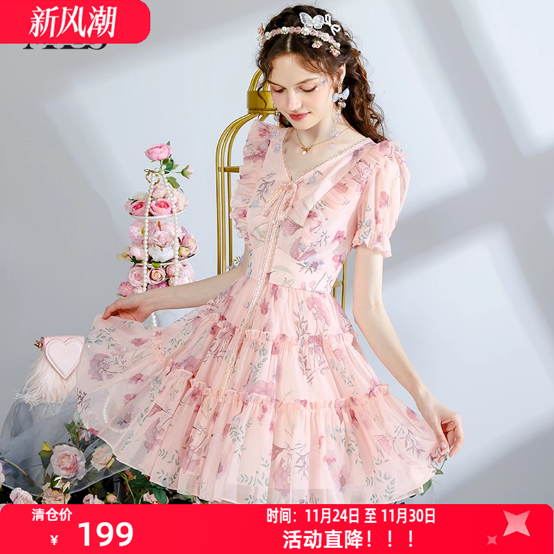 艾丽丝2025夏季新款V领印花短款连衣裙女甜美粉色网纱蕾丝公主裙