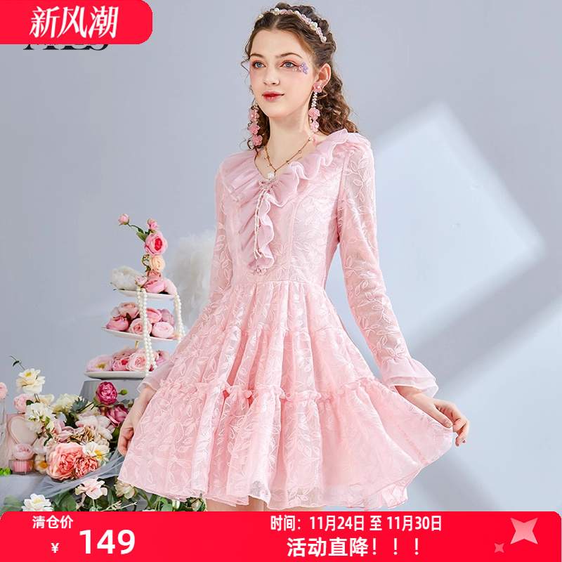 艾丽丝2025秋季新款粉色蝴蝶结V领短款连衣裙优雅白色蕾丝仙女裙