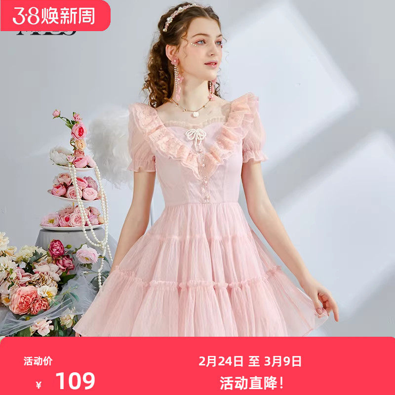 艾丽丝2025夏季新款甜美刺绣粉色短袖公主裙黑色蕾丝短款连衣裙女