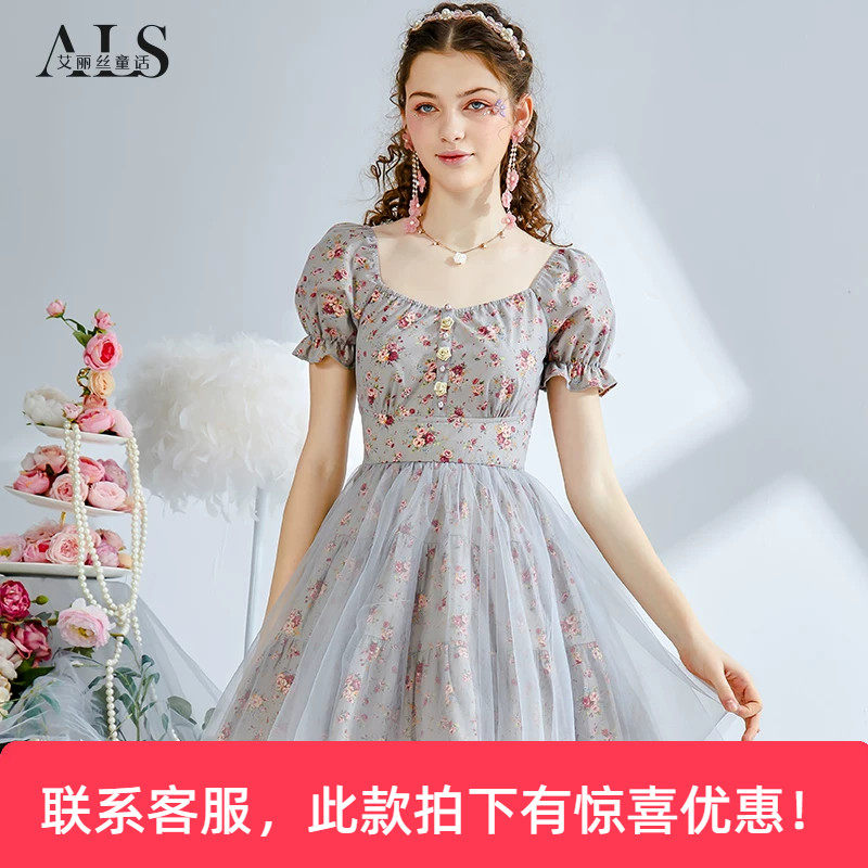 艾丽丝2026夏季新款灰色复古印花短款连衣裙女甜美网纱显瘦公主裙