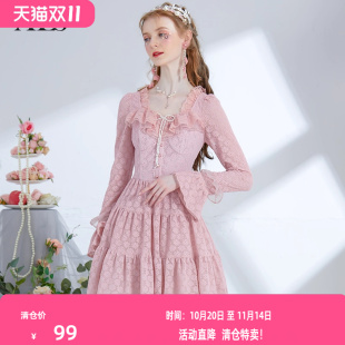 短款 粉色蕾丝花边小方领连衣裙甜美长袖 蛋糕裙 新款 艾丽丝2025秋季