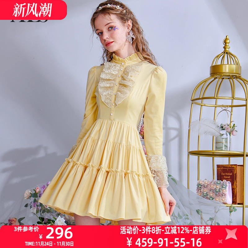 艾丽丝2025秋季新款灯芯绒黄色甜美公主风蛋糕裙泡泡袖短款连衣裙
