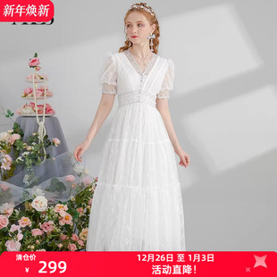 蕾丝中长款 艾丽丝2025夏季 显瘦短袖 超仙白色公主裙修身 连衣裙 新款