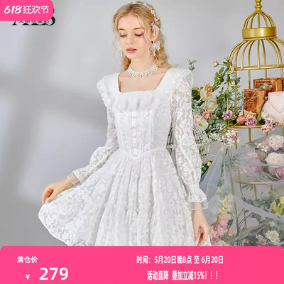 艾丽丝2025春季新款荷叶边仙气甜美公主裙白色长袖方领短款连衣裙