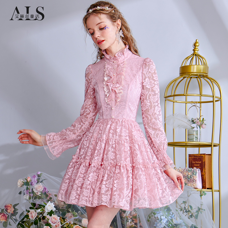 艾丽丝2025秋季新款甜美半高领蕾丝蛋糕裙短款粉色公主风连衣裙女