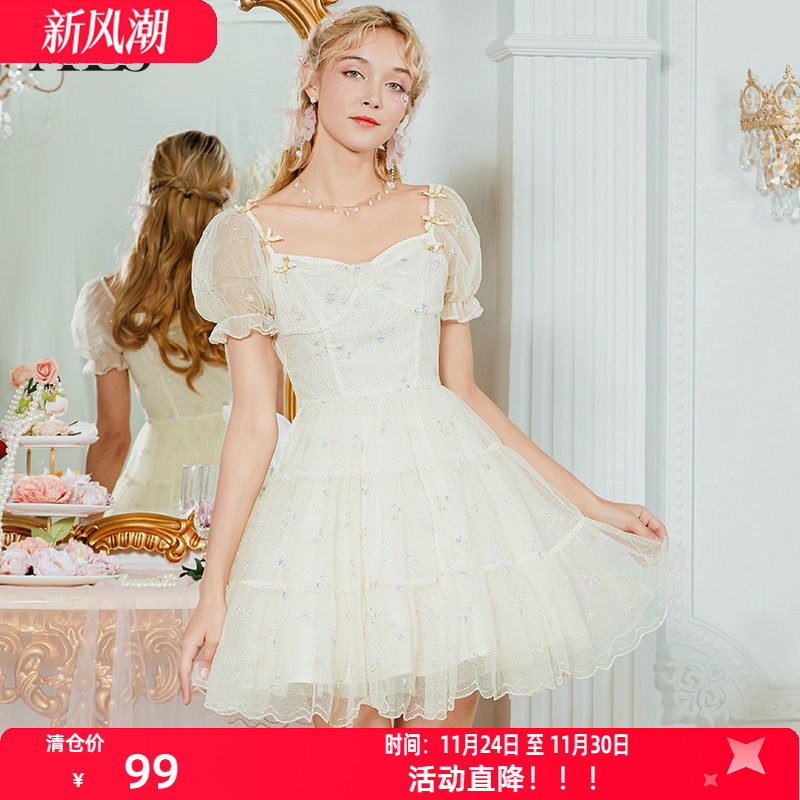 艾丽丝网纱高级感裙子2025夏季新款花朵刺绣甜美短款公主风连衣裙