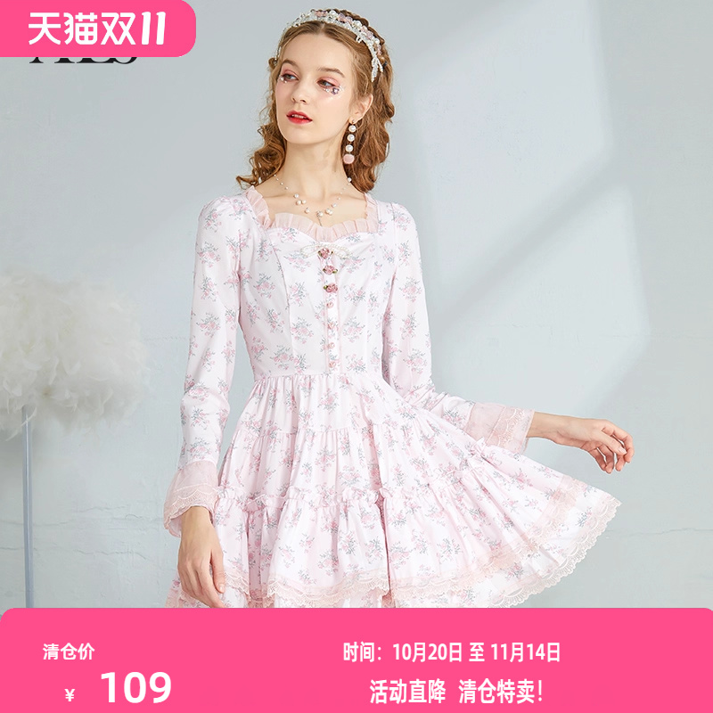 艾丽丝2025秋季新款甜美减龄公主风短款连衣裙长袖方领碎花蛋糕裙