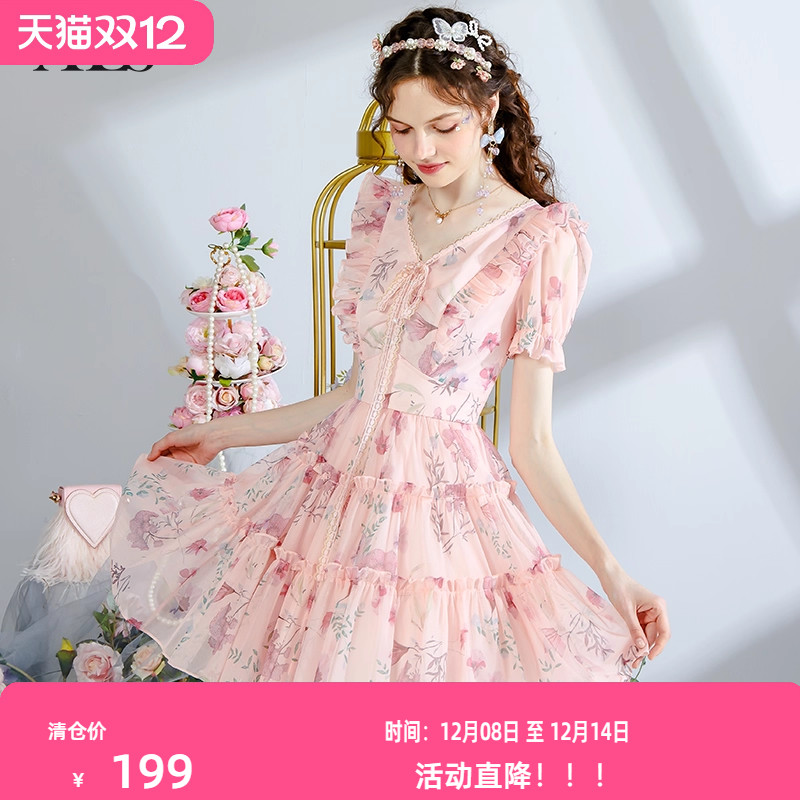 艾丽丝2025夏季新款V领印花短款连衣裙女甜美粉色网纱蕾丝公主裙