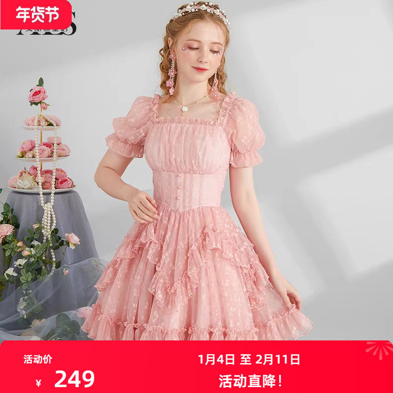 艾丽丝2025夏季新款泡泡袖甜美减龄公主裙方领修身显瘦短款连衣裙