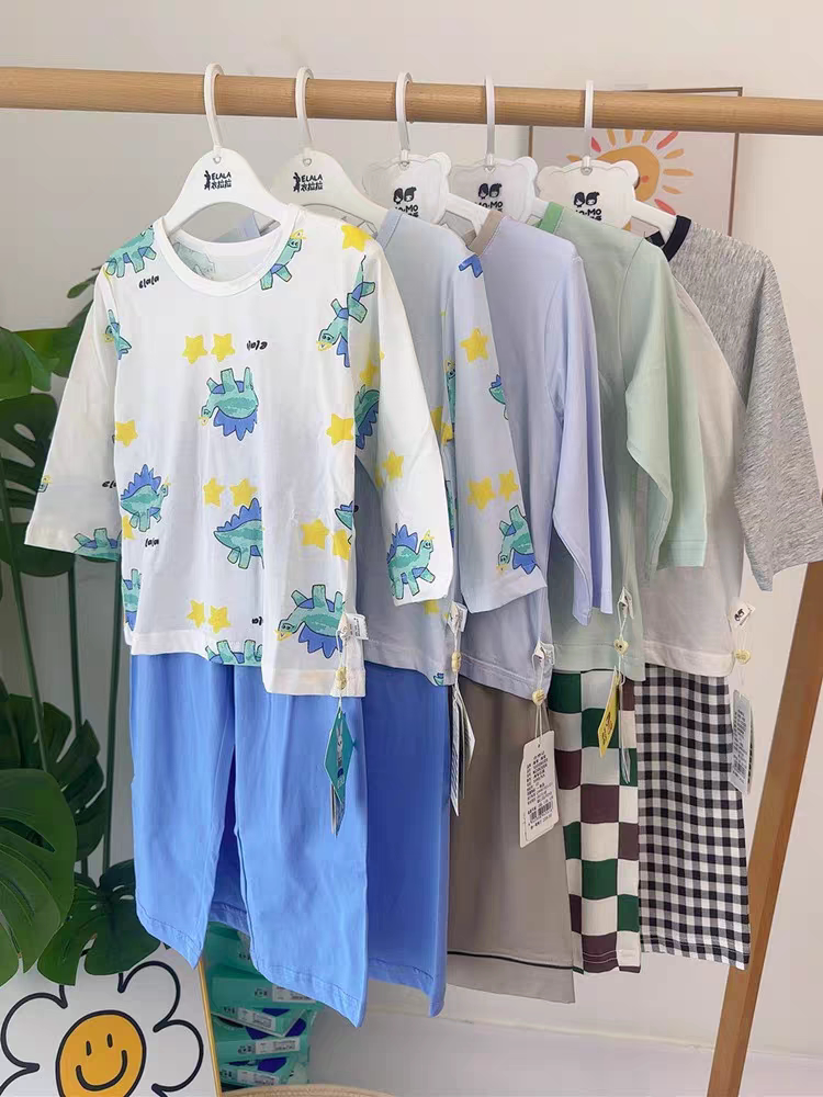 衣拉拉瑁恩瑁爱春夏新款男女童家居服睡衣套装九分袖纯棉冰川棉