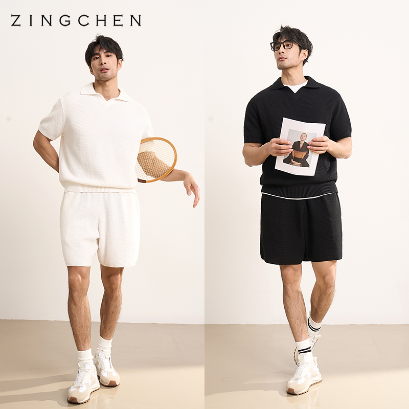 【重工六股长绒棉】ZINGCHEN菠萝纹廓形V领POLO夏季T恤短裤套装男