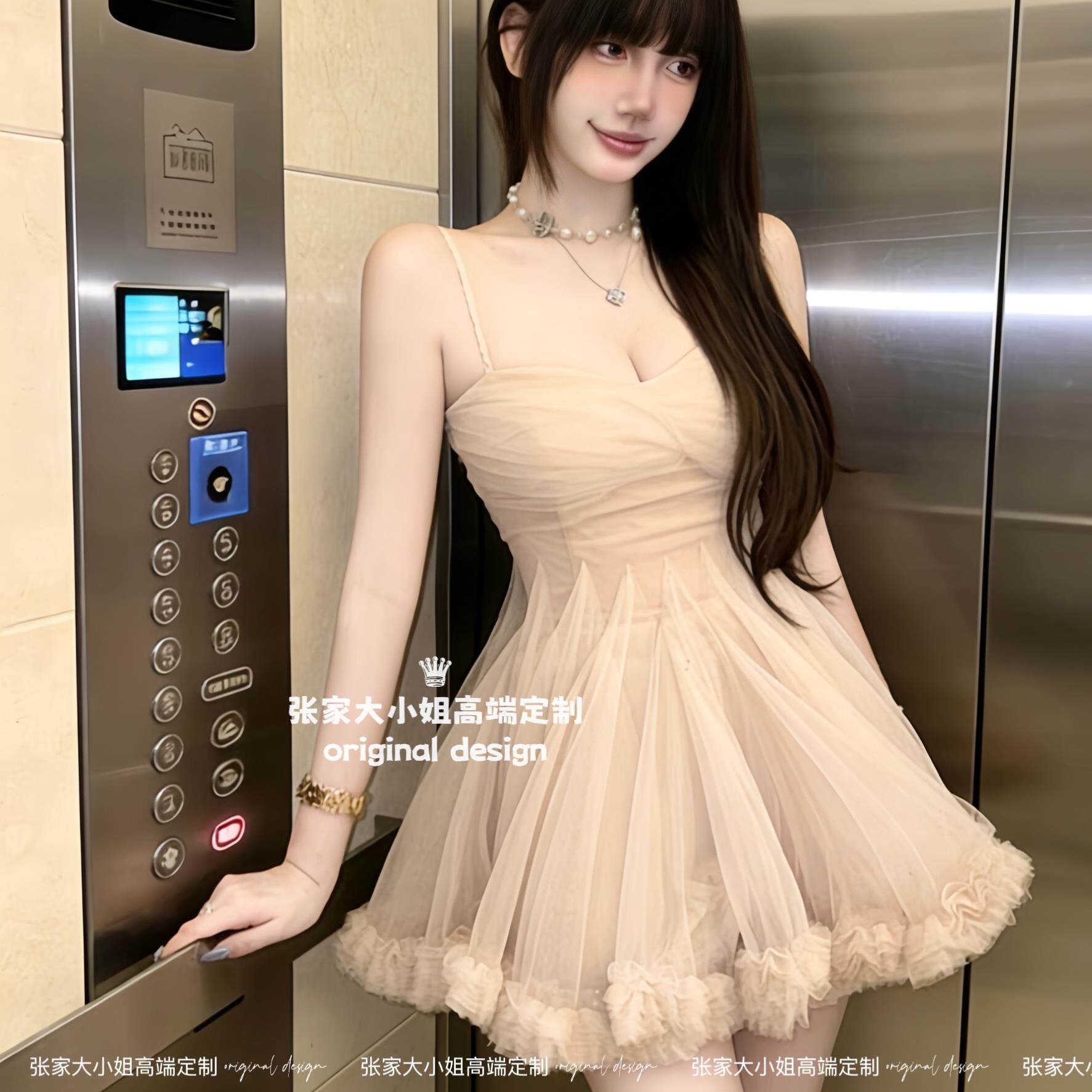 现货/桃乐丝舞曲 裸色花朵吊带公主蓬蓬芭蕾仙女纱质洋装短裙女