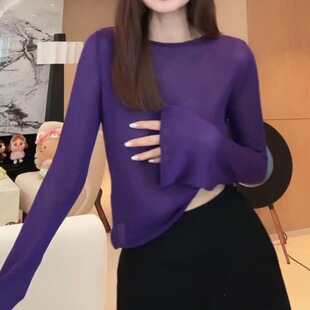 慵懒蓝色长袖针织衫女秋季短款毛衣2026年新款喇叭袖修身显瘦上衣