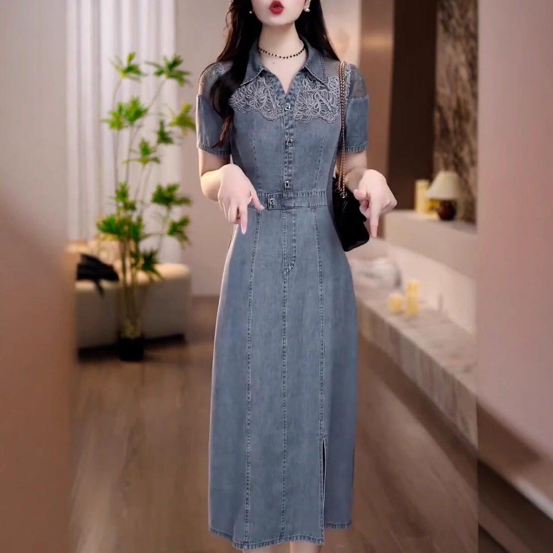 高端时尚重工刺绣拼接牛仔裙女收腰显瘦气质遮肉减龄高级感洋装