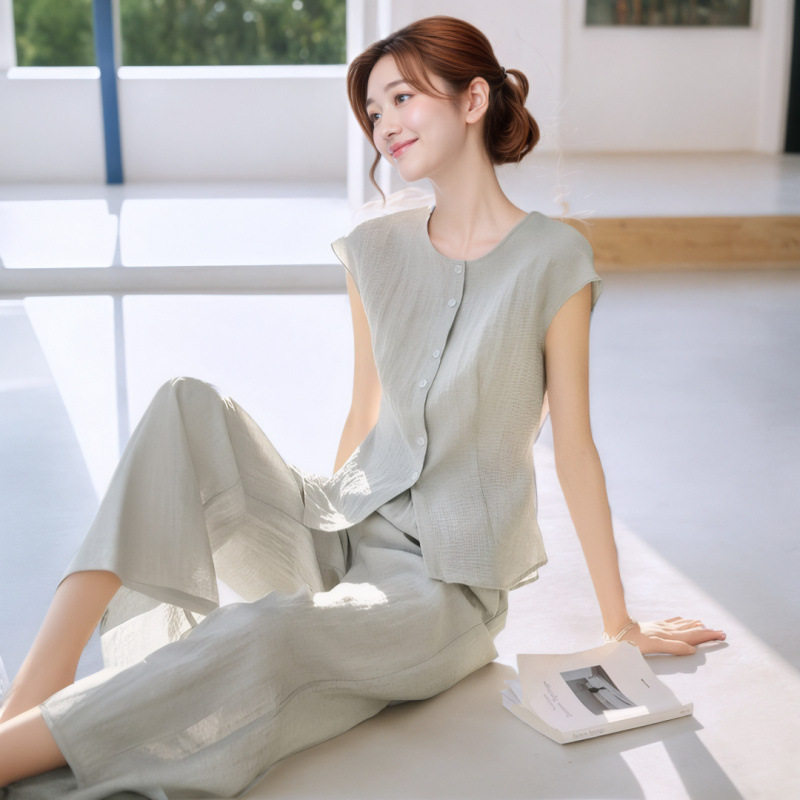 2026夏季新款韩版时尚洋气无袖衬衫上衣套装宽松休闲长裤两件套女