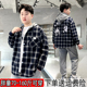 中大童连帽薄绒格子衬衣外套宽松潮 新款 胖男童衬衫 加肥加大春秋季