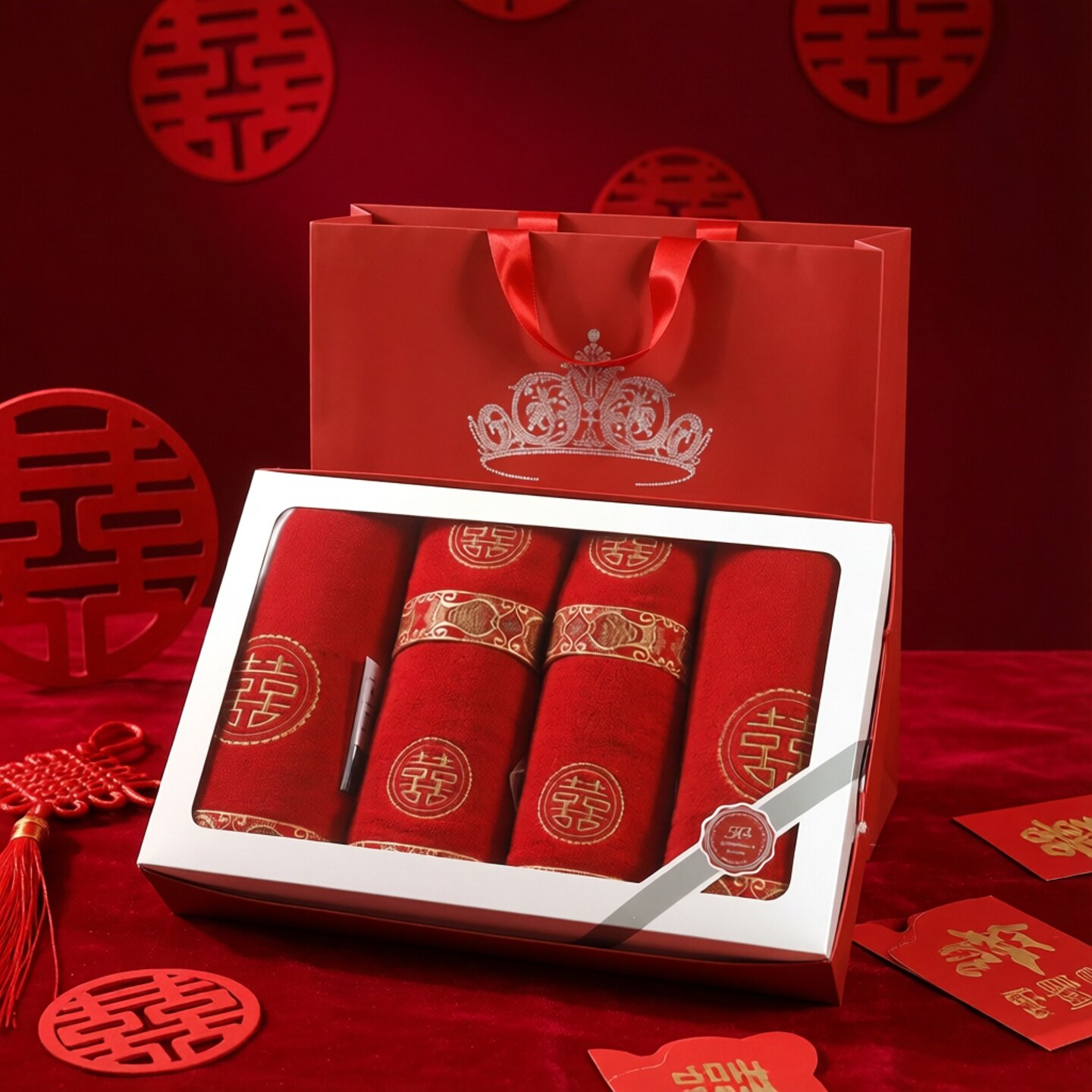 金号依诗家六件套纯棉毛巾浴巾方巾各两条大红礼盒装婚庆结婚礼物