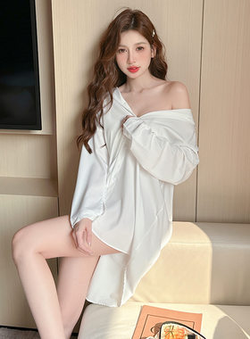 衬衫裙女性感韩版宽松睡裙女春夏季华尔棉长袖睡衣女夏天家居服