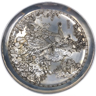 古玩杂项盘子十二生肖 凤凰 富贵图摆件微大号家居鎏金鎏银装饰品
