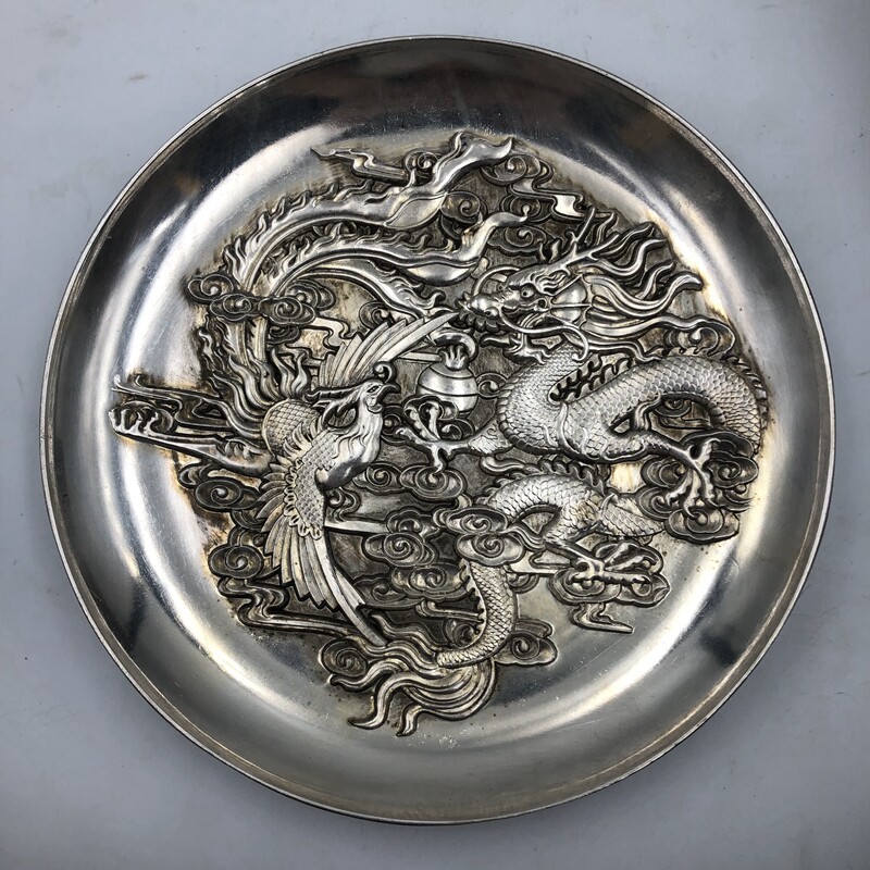 古玩杂项盘子 碟子 龙凤盘龙凤呈祥 中号家居鎏银复古摆件铜器