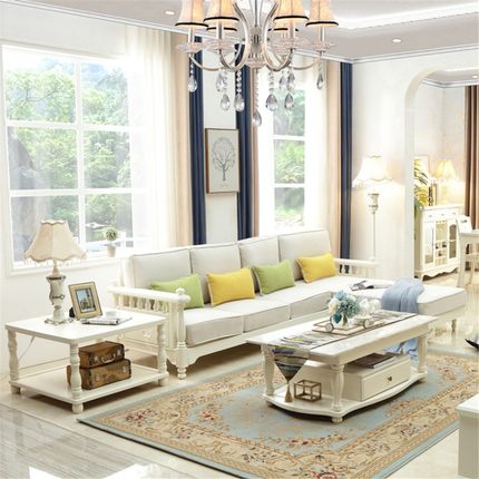 全实木白色沙发组合客厅整装美式小户型转角贵妃布艺沙发带木沙发