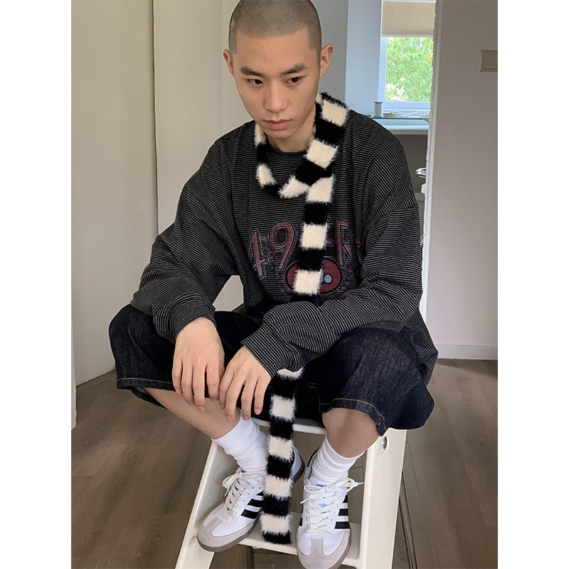 韩国档口原版！毛绒黑白条纹撞色
