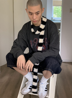 韩国原版！毛绒黑白条纹撞色围巾男女ins秋冬叠穿层次时髦细围巾