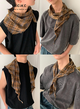 日系中古时髦三角领巾男女百搭复古做旧磨毛丝巾松弛感领巾潮披肩