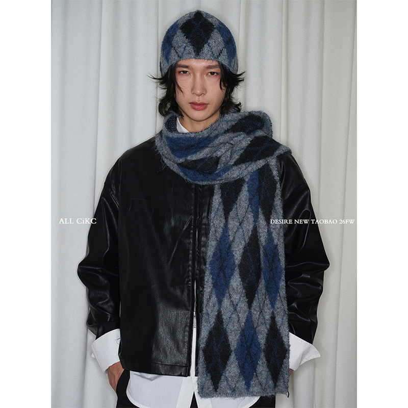 古早学院风菱形格子帽子围巾