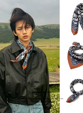 日系百搭复古腰果花丝巾男女仿真丝图腾方巾时髦装饰领巾系腰围巾
